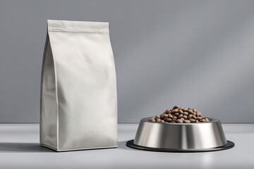 Pet food bag and metal bowl filled with kibble on a sleek surface in a modern kitchen setting