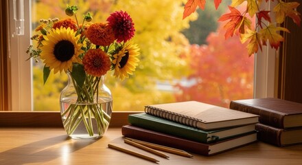 Back to School Still Life with Flowers and Stationery