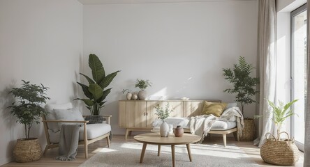 Sunlit living room with light wood furniture, neutral palette, plush textiles, and abundant potted plants, creating a calm, minimalist aesthetic
