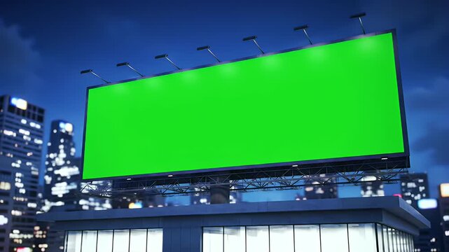 Large Green Screen Billboard Mockup in Urban Cityscape at Night with Illuminated Buildings and Copy Space for Advertising Campaigns