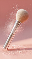 Cosmetic powder on a makeup brush with white bristles and a silver handle floats lightly on a pastel background. Powder explosion effect.