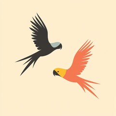 Obraz premium Two colorful parrots in flight against a pastel background