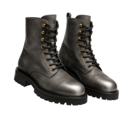 Distressed grey leather combat boots with a brushed metal toe and lug sole