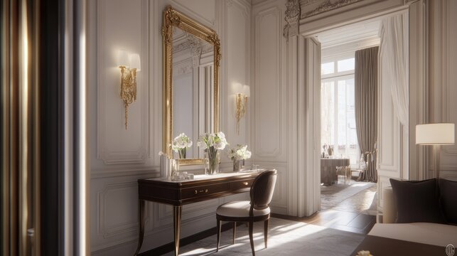 Luxurious interior design of a dressing room with a view.