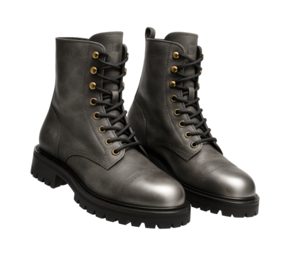 Distressed grey leather combat boots with a brushed metal toe and lug sole