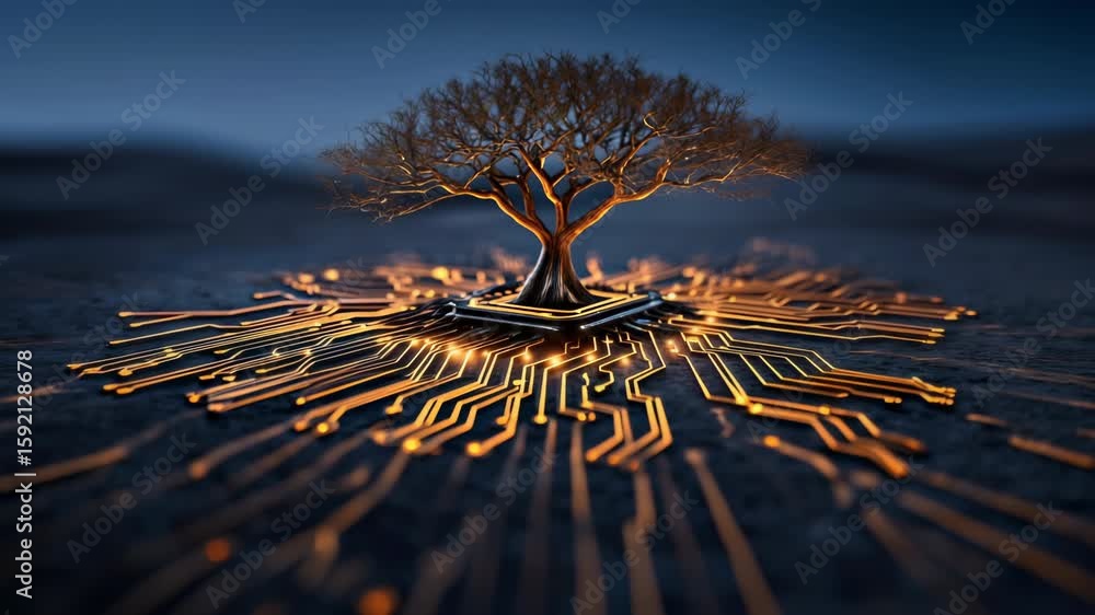 Poster digital tree emerges from circuit board, showcasing fusion of nature and technology in electronics