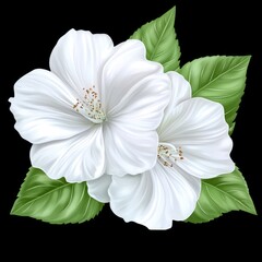 Two white hibiscus flowers with green leaves