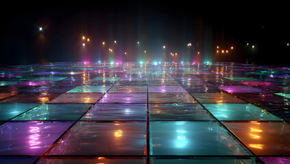 Illuminated disco dance floor with vibrant colors and glowing tiles.
