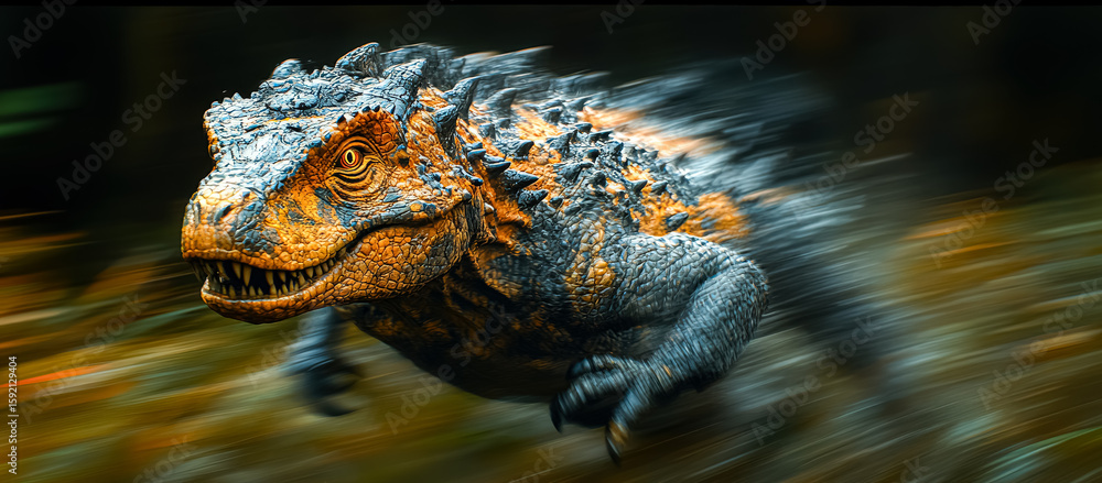 Poster dinosaur is running with its mouth open. the dinosaur is orange and black. the dinosaur is running i