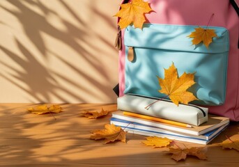 Fresh Start: New Backpack with School Supplies and Autumn Leaves