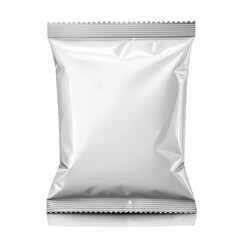 Blank silver foil snack bag for chips or food. Packaging mockup isolated on a white background with reflection.

