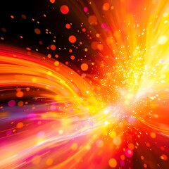 A dynamic abstract explosion of vibrant orange, red, and yellow light, with streaks, swirling energy