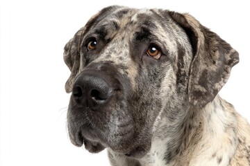 Closeup of a dogs face showing its brindle fur brown eyes and black nose against a white background