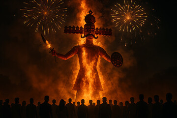 Dramatic Ravana Effigy Burning during Dussehra Festival at Night with Spectators and Fireworks Display