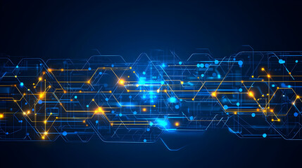 Abstract technology circuit board design with glowing lines and hexagonal shapes, showing complex digital network