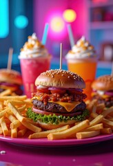vibrant fast food spread neon background delicious colorful dishes eye catching presentation appetizing experience, fries, pizza, sandwich, nachos, taco
