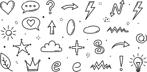 Doodle icon drawn punk music sketch set. Punk brush stroke texture with grunge lightning, arrow, speech bubble icon.