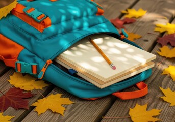 Backpack Ready for School: Notebooks and Fall Leaves