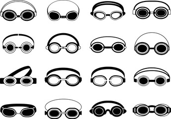 Diverse swimming goggles collection featuring various styles and designs water sport