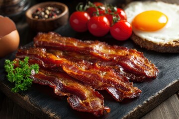Crispy bacon vine tomatoes and a fried egg on a board