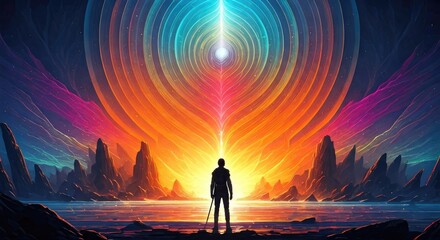 Fototapeta premium A lone figure, staff in hand, stands before a vibrant, cosmic sunrise emanating from a swirling, colorful, energy-filled aperture between dark, stylized, rocky outcrops and a calm body of water