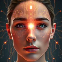 female face with closed eyes features a glowing golden lotus symbol above her forehead and intricate geometric patterns
