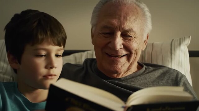 closeup on elderly caucasian man reading bedtime stories for his grandson at night. national grandparents day. senior activity, active lifestyle and leisure