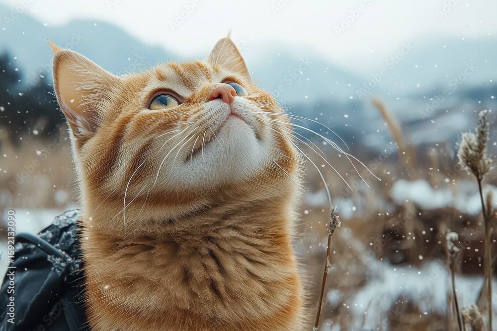 Poster cat with a black backpack on its back is looking up at the sky. the scene is set in a snowy field, w