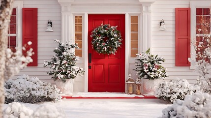 Fototapeta premium A festive red door adorned with a lush Christmas wreath, surrounded by snow-covered decorations for a warm holiday welcome. .