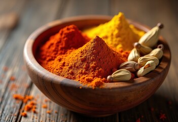 vibrant spices displayed textured wooden bowl rich color palette aromatic culinary ingredients, seasoning, pepper, saffron, cinnamon, vanilla, thyme