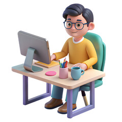 Cheerful 3d cartoon boy with glasses working on computer at desk with coffee mug and supplies isolated on transparent background