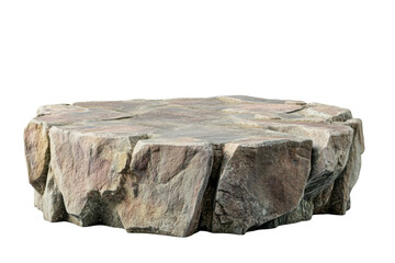 Rough textured stone pedestal platform with natural cracks isolated on transparent background