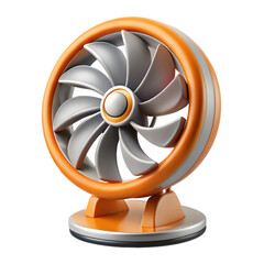 Modern orange and silver desk fan with sleek blades isolated on transparent background