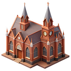 Detailed isometric view of a classic red brick church with twin spires isolated on transparent background