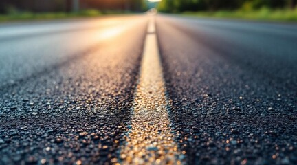 Sunlight glistens on the asphalt of a quiet road during a hot afternoon in summer