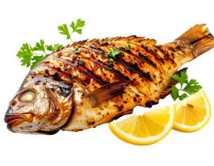Whole Grilled Tilapia with Char Marks and Lemon Garnish, Side View, Isolated on White Background