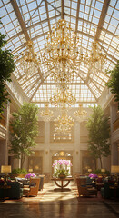 Elegant Interior with Grand Chandelier and Lush Plants, Creating a Luxurious and Inviting Atmosphere