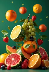 Naklejka premium vibrant floating fruits citrus berries melon grapes contrasting backdrop decorative aesthetic display bright colorful arrangement, banana, mango, kiwi, orange