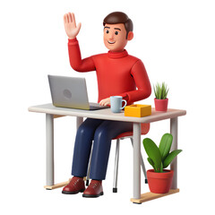 Friendly cartoon man waving hello while working on a laptop at his desk with plants isolated on transparent background