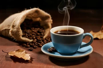 Acrylic prints cup of coffee with smoke concept coffee beans on black background taza de café con humo concepto granos de café sobre fondo negro tasse de café avec concept de fumée grains de café sur fond noir kahve
