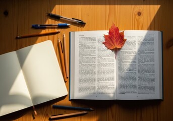 Back to School Still Life: Open Textbook and Stationery on Desk