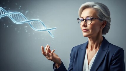 Mature businesswoman contemplating scientific innovation elegant professional woman gazing at a floating dna molecule visual of advanced biotechnology senior female expert in genetic research - Powered by Adobe