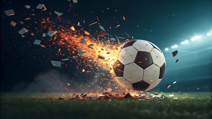 Fototapeta premium Football in Space with Fiery Trail for Dynamic Sports Action