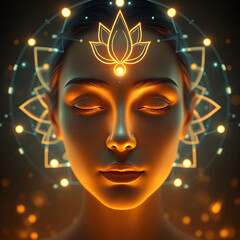 female face with closed eyes features a glowing golden lotus symbol above her forehead and intricate geometric patterns