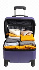 Open purple suitcase filled with folded clothes