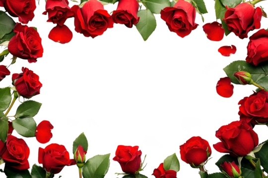 A beautiful border of red roses and green leaves isolated on transparent background