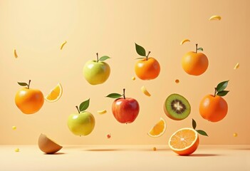 vibrant floating fruits minimalist design colorful artwork captivating visual elements brightness harmony, orange, apple, grape, kiwi, watermelon