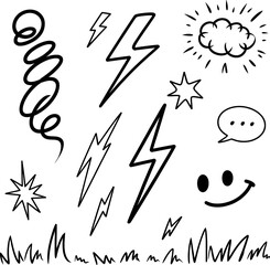 Hand drawn graphic elements collection with lightning bolts stars and smiley face vector