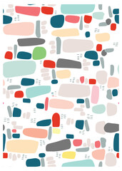 A colorful abstract repeat pattern featuring various shapes in pastel and bold hues on a white background. 
