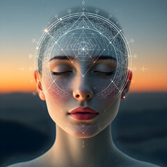 female face with closed eyes features a glowing golden lotus symbol above her forehead and intricate geometric patterns